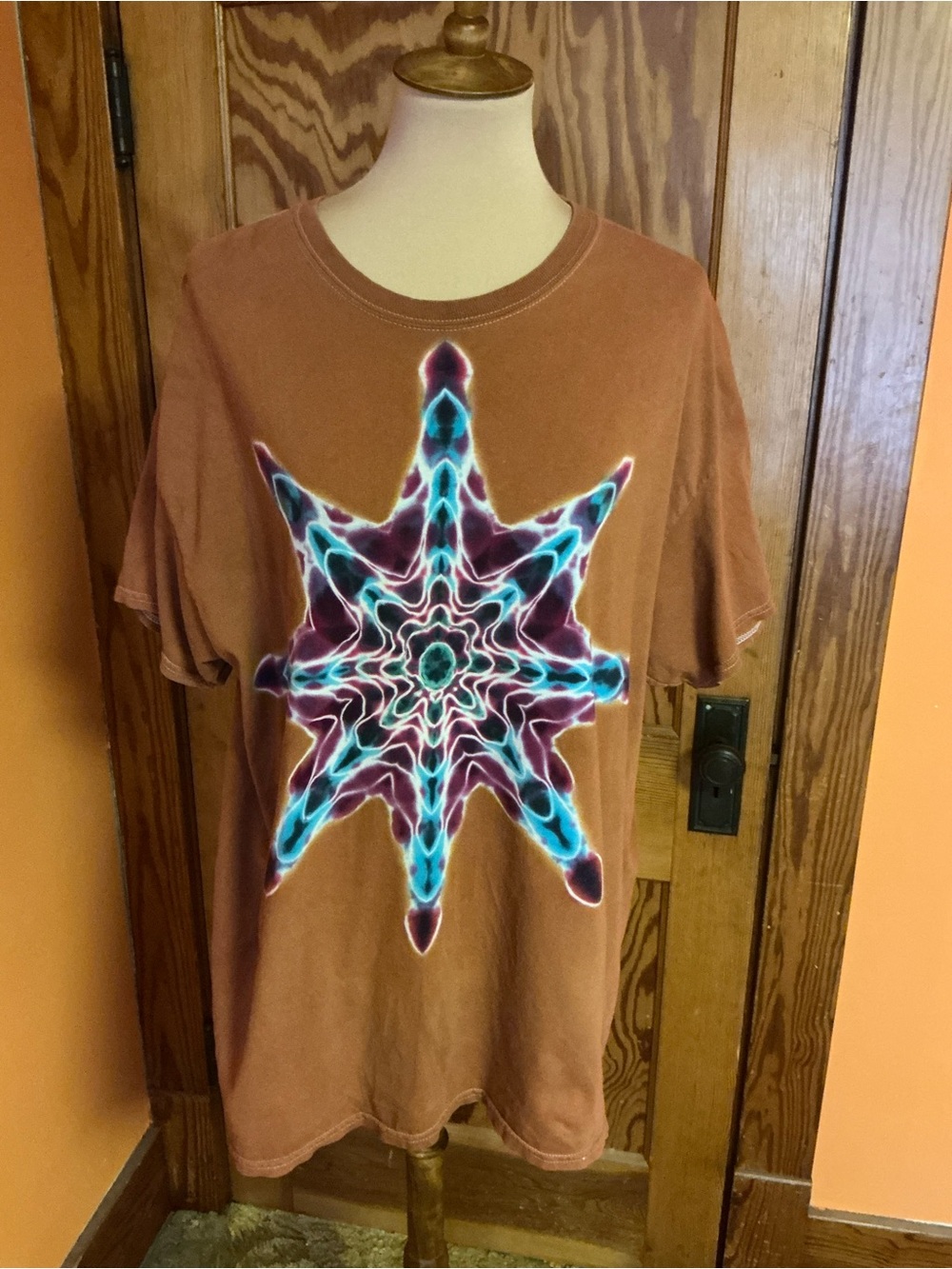 Hand Dyed Tie Dye T-Shirt XL Rust Brown Psychedelic Star Mandala Boho Hippie - Picture 4 of 10
